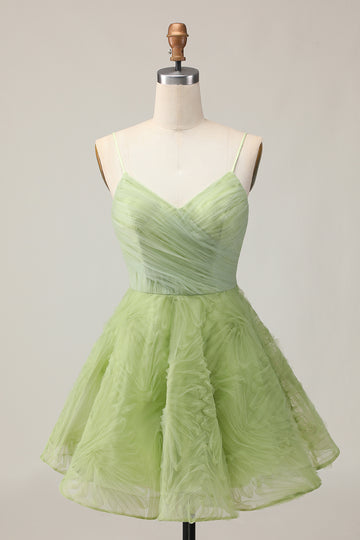 A Line Spaghetti Straps Green Ruched Short Homecoming Dress with Open Back